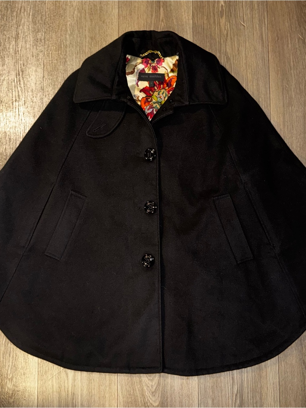 Steve Madden Black Cape Coat with Floral Lining